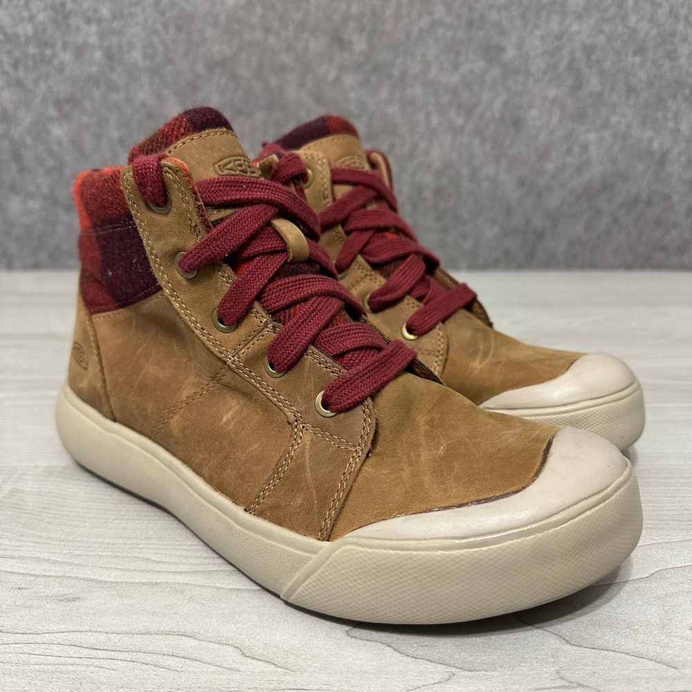 KEEN Elena Mid Boots Womens 7 Tan Red Plaid Leather Lace Up Sneaker Boot‎